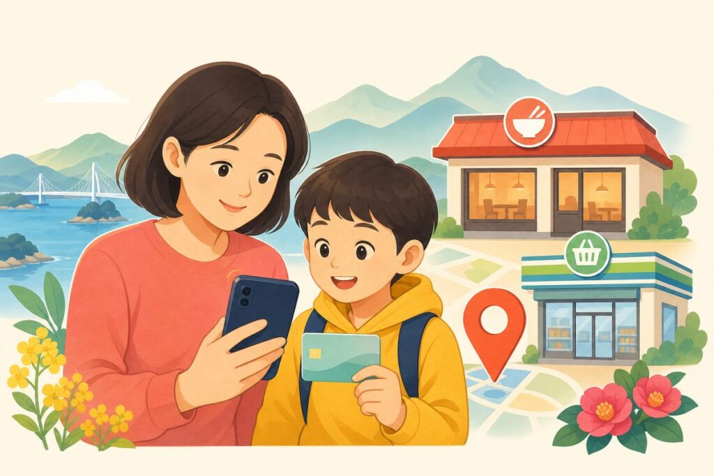 경상남도 아동급식카드 잔액과 가맹점을 휴대전화로 확인하는 가족 일러스트