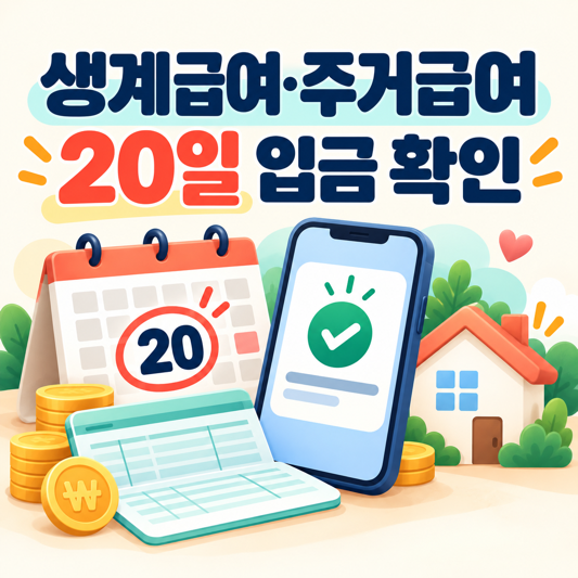 20일 달력과 입금 확인 스마트폰, 집과 통장을 표현한 생계급여·주거급여 안내 이미지